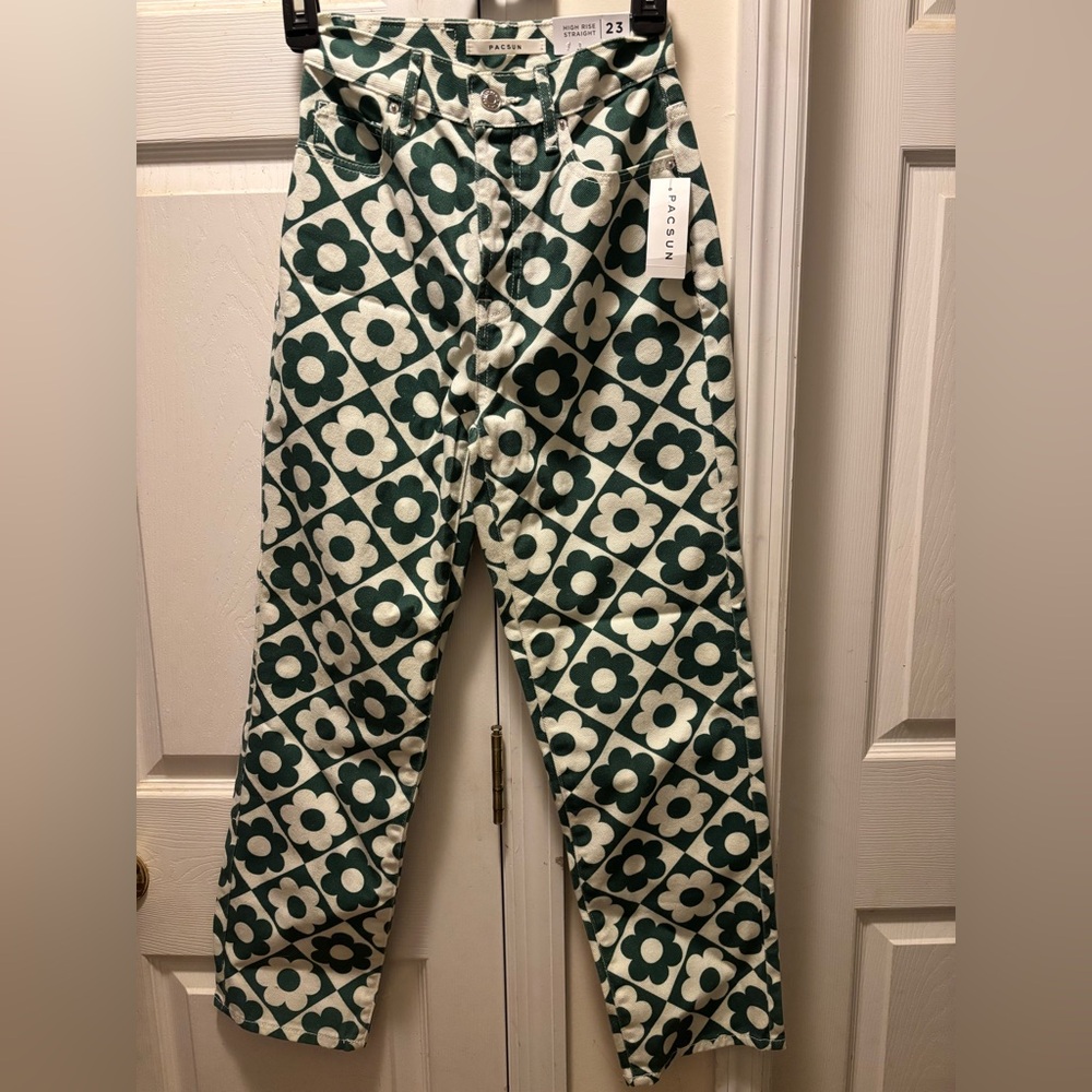 PacSun Green and White Daisy High Waisted Straight Leg Jeans